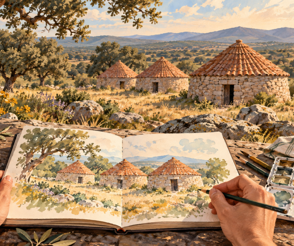 Sketchingterapia en Los Chozos, taller creativo de dibujo y acuarela en Carrascalejo
